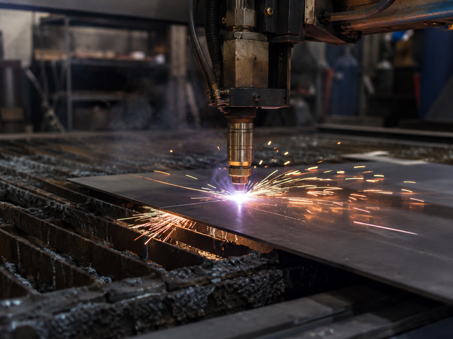 Plasmaschneiden eines Metallblechs im Funkenflug